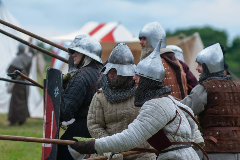 Reconstructed medieval helmets made in the workshop