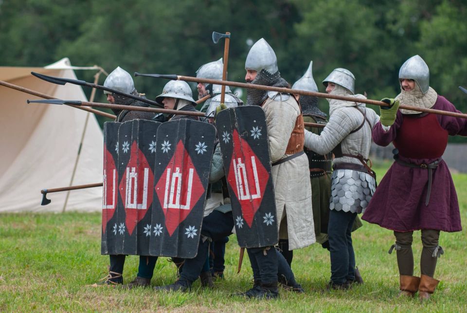 Shield wall formation during a festival battle demonstration