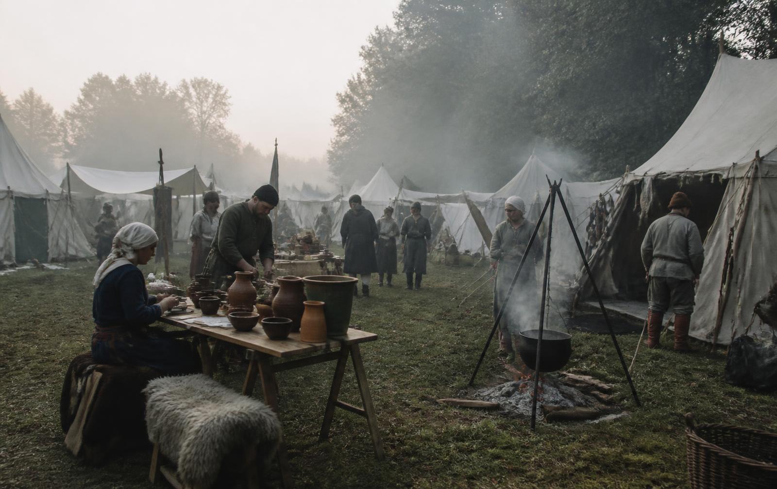 A medieval living history encampment at dawn with linen tents and a cooking fire